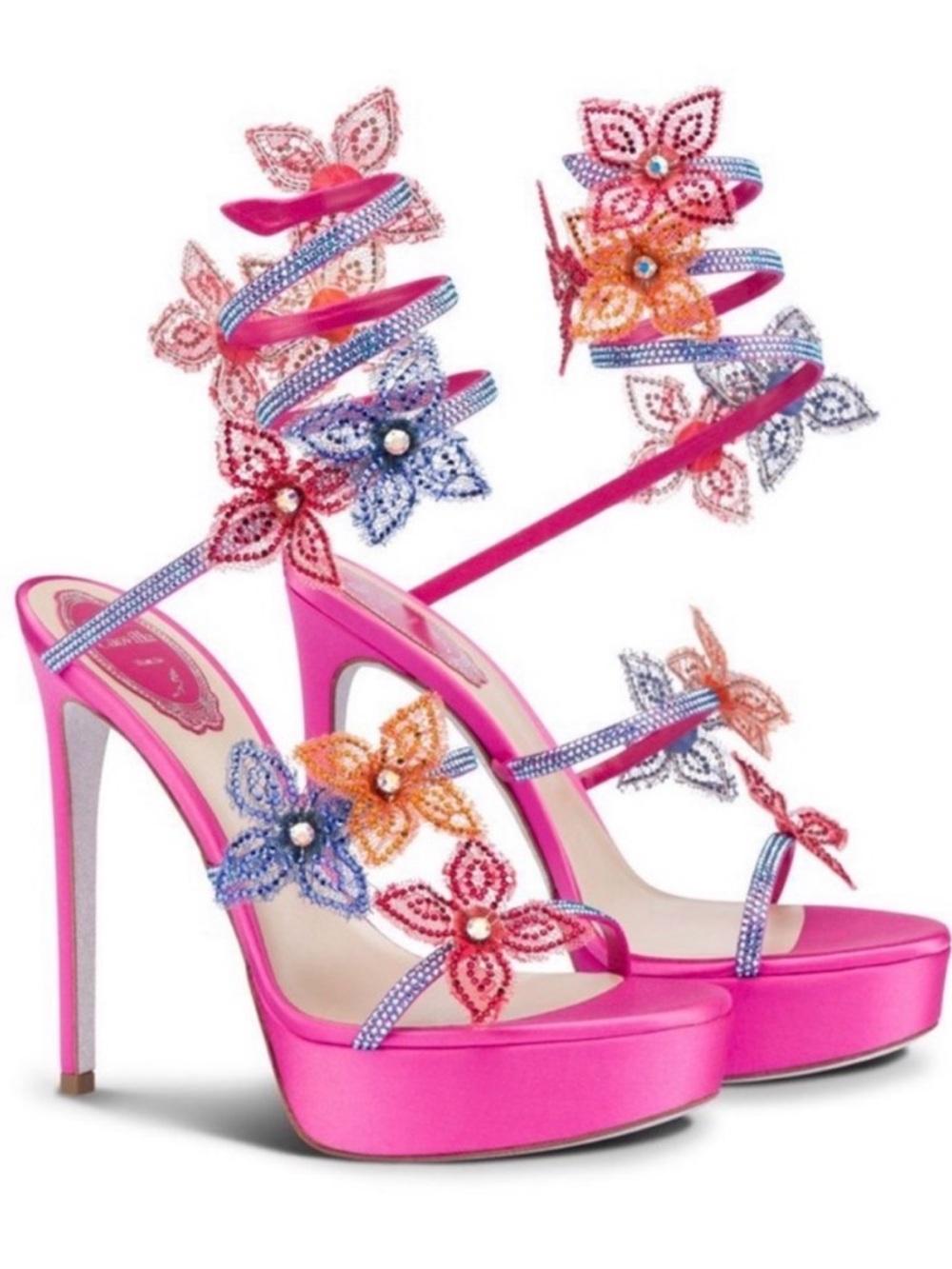 Rene Caovilla pink crystal floral appliqué wrap platform heels 36 6